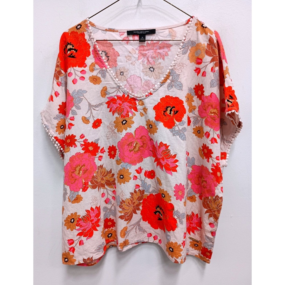 Marc New York BOHO Top Womens XL Pink Linen Floral Pom Pom Trim Short Sleeve